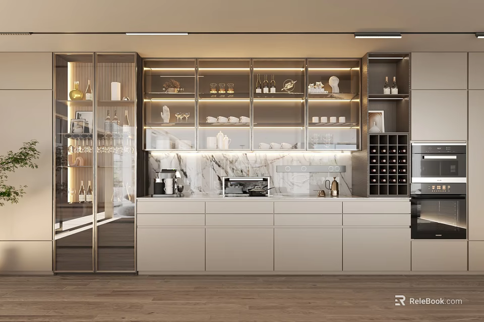 Modern Dining Sideboard With Glass Display Doors Marble Countertop Built in Lighting And Storage Drawers 3d model 