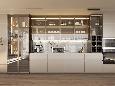 Modern Dining Sideboard With Glass Display Doors Marble Countertop Built in Lighting And Storage Drawers 3d model