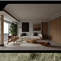 Minimalist Sofa Coffee Table Set With White Upholstery Wooden Top Mountain View And Potted Plant