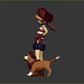 Girl With Red Cap Pigtails Striped Top Shorts Boots Standing With Dog In Red Collar