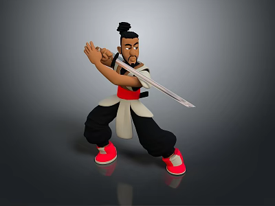 Animated Male Game Character In Black White Red Outfit Holding Sword In Fighting Stance 3d model