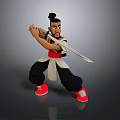 Animated Male Game Character In Black White Red Outfit Holding Sword In Fighting Stance