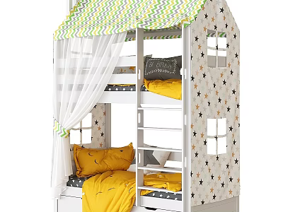Kids House Shaped Bunk Bed With Star Pattern Canopy Curtain And Yellow Bedding 3d model