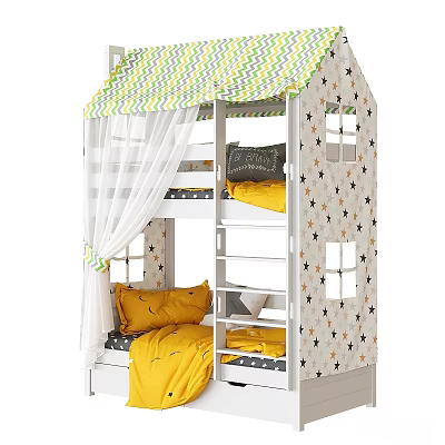 Kids House Shaped Bunk Bed With Star Pattern Canopy Curtain And Yellow Bedding 3d model