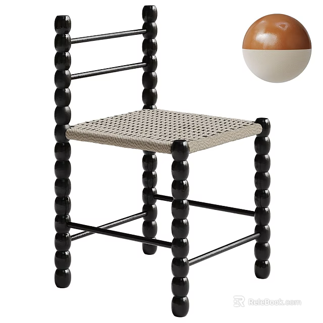 Stylish Black Bobbin Frame Woven Rattan Seat Public Chair For Modern Indoor Commercial Spaces 3d model 