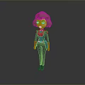 Cartoon Female Game Movie Character with Brown Short Hair Blue Bodysuit Red Gloves And Logo
