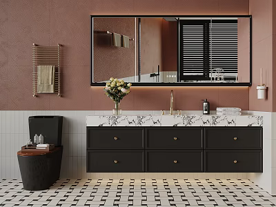 Stylish Bathroom Interior With Pink Wall White Tiles Black Cabinet Marble Countertop And Geometric Floor 3d model