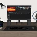 Modern Computer Workstation Setup With Monitor Keyboard Mouse Speakers Tablet Desk Lamp And Ring Light