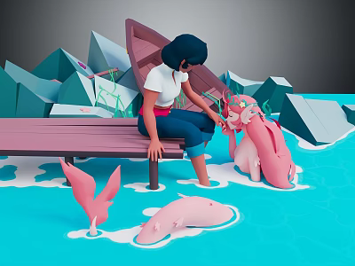 Girl Sitting On Bench Interacting With Pink Creature In Water With Geometric Mountains 3d model