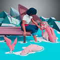 Girl Sitting On Bench Interacting With Pink Creature In Water With Geometric Mountains