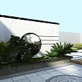 Traditional Garden Landscape With White Wall Circular Window Pine Trees And Stone Path 3d model