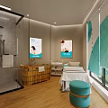 Modern Beauty Salon Interior With Wooden Decor Turquoise Wall Mirrors And Counter Stools