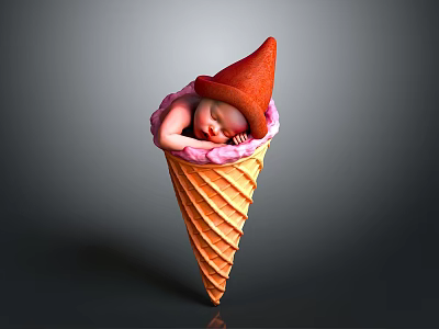 Baby Sleeping in Orange Ice Cream Cone With Red Scoop and Pink Rim 3d model