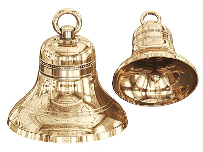 Traditional Shiny Golden Brass Bells With Hanging Loop And Ornate Patterns 3d model