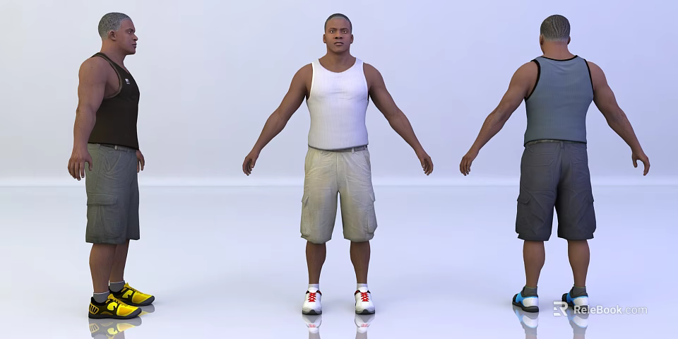 Men in Casual Outfits Shown from Three Angles with Vest Shorts and Sneakers 3d model 