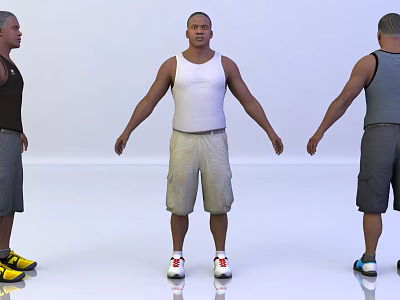 Men in Casual Outfits Shown from Three Angles with Vest Shorts and Sneakers 3d model