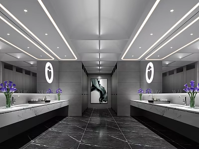 Modern Public Restroom Interior With Marble Vanities Round Mirrors Purple Flowers And Black Marble Floor 3d model