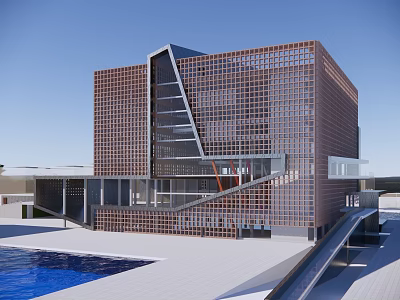 Modern School Building with Grid Patterned Brown Facade Glass Structure Staircase and Adjacent Pool Area 3d model