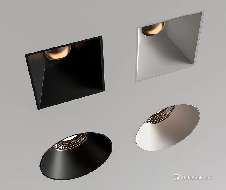 Modern Stylish Ceiling Downlights And Spotlights With Square Round Black Silver Shapes 3d model 