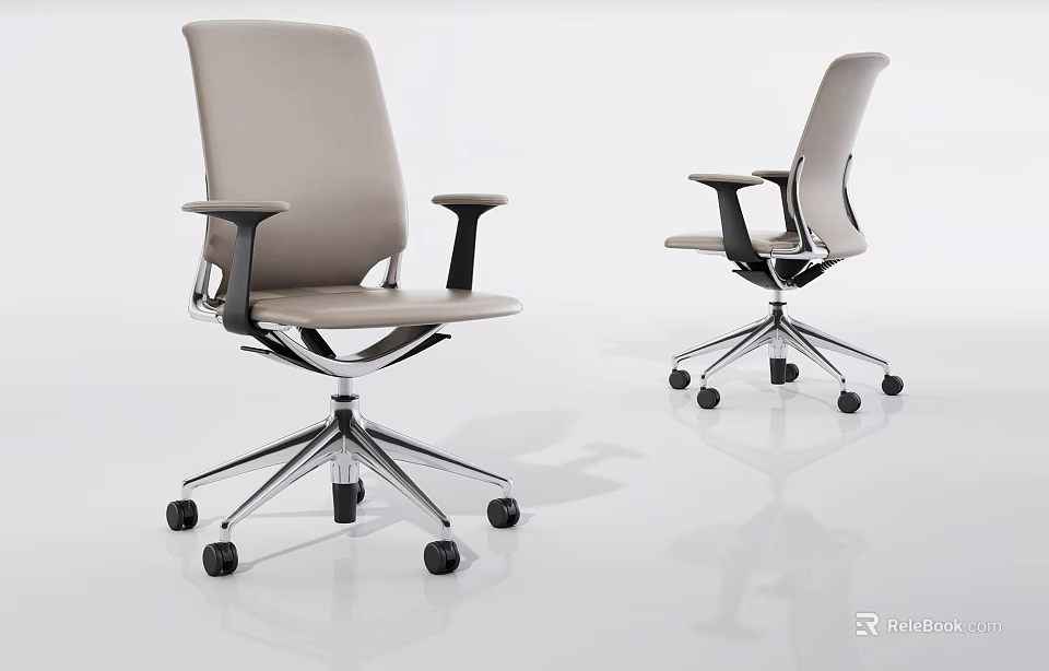Modern Gray Leather Office Chair With Armrests Swivel Base And Rolling Wheels 3d model 