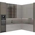 Modern Kitchen With Light Gray Cabinets Dark Wood Accents And Appliances
