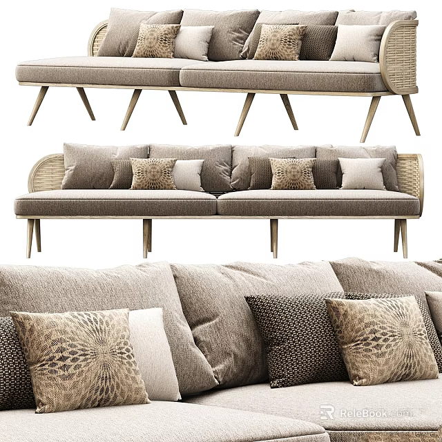 Modern Two Seater Sofa With Rattan Accents Linen Fabric And Decorative Pillows 3d model 