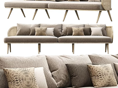 Modern Two Seater Sofa With Rattan Accents Linen Fabric And Decorative Pillows 3d model