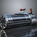 3D Rendered Metallic Cylindrical Weapon With Wooden Handle Shiny Surface And Multiple Components