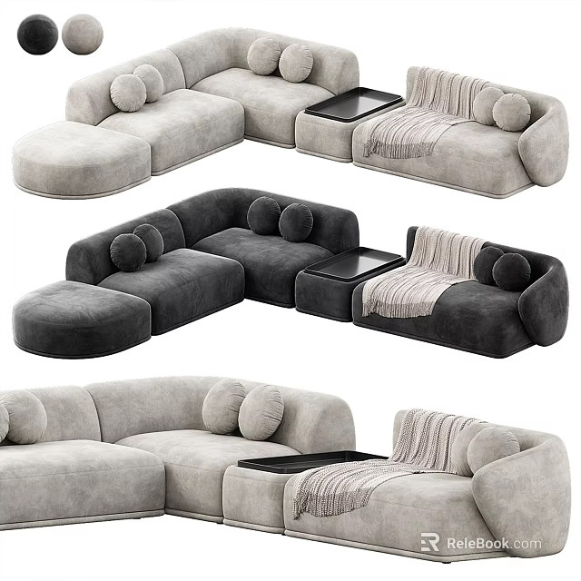 Modern Sectional Sofa With Plush Pillows Side Table And Soft Throw Blanket In Neutral Tones 3d model 