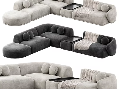 Modern Sectional Sofa With Plush Pillows Side Table And Soft Throw Blanket In Neutral Tones 3d model