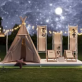 Starry Sky Commercial Street With Moonlit Tent Wooden Signboards String Lights And Lawn Chairs On Grassland