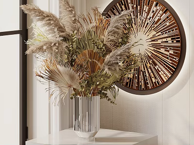 Silver Striped Vase With Dried Natural Flowers On White Table And Round Decorative Mirror 3d model