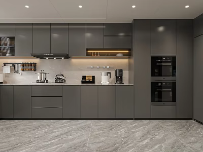 Modern Kitchen Interior With Dark Gray Cabinets Light Colored Countertop And Appliances 3d model