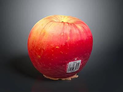 Fresh Ripe Red Apple With Sticker On Dark Reflective Surface 3d model