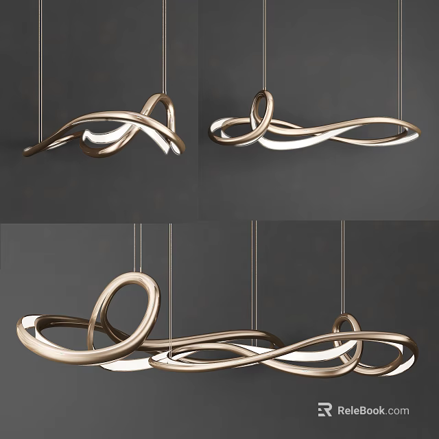 Modern Twisted Metal Chandelier With Curved Gold Rings And Contemporary Design 3d model 