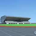 Football Stadium with Green Striped Grass and Red Running Track Surrounded by Roofed Grandstand