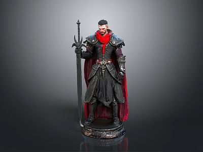 Man In Black Armor With Red Cape Holding Spear On Detailed Pedestal 3d model