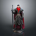 Man In Black Armor With Red Cape Holding Spear On Detailed Pedestal