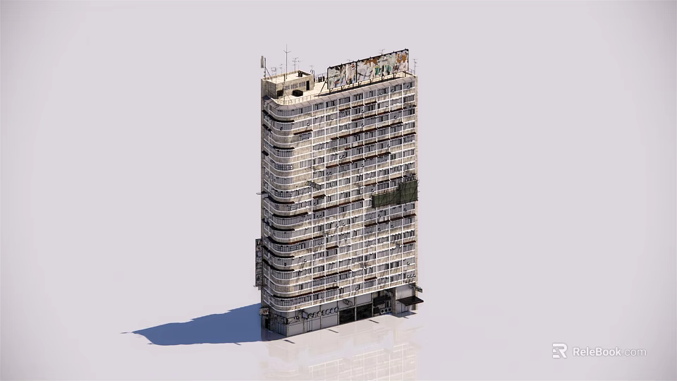 Old Tall High Rise Building With Multiple Windows Worn Exterior And Roof Structures 3d model 