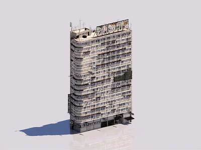 Old Tall High Rise Building With Multiple Windows Worn Exterior And Roof Structures 3d model
