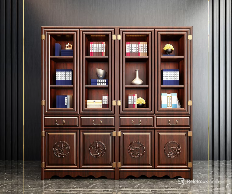 Dark Wood Bookcase With Glass Doors Display Shelves Drawers And Carved Design 3d model 