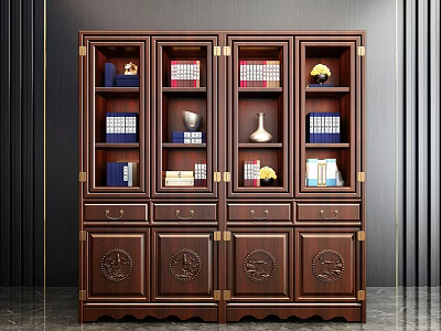 Dark Wood Bookcase With Glass Doors Display Shelves Drawers And Carved Design 3d model