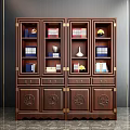 Dark Wood Bookcase With Glass Doors Display Shelves Drawers And Carved Design