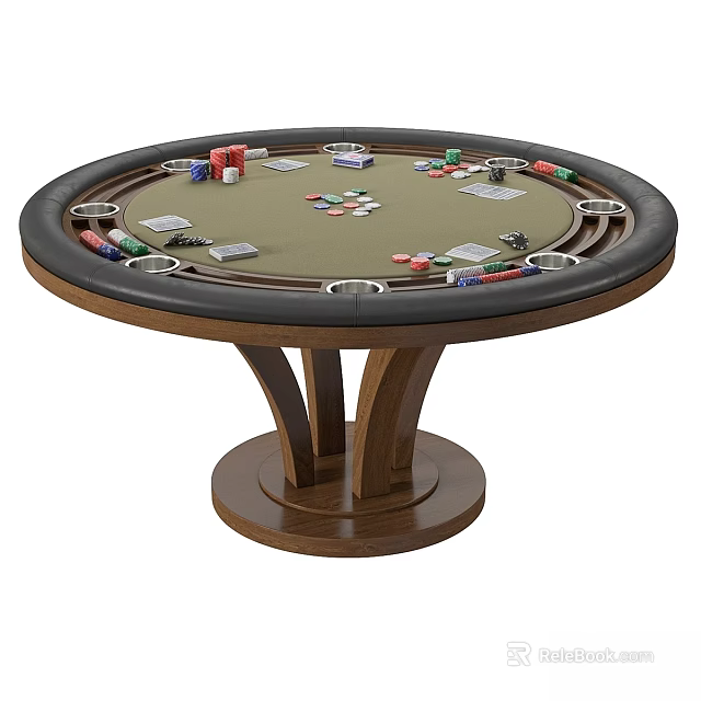 Round Wooden Base Poker Table Sports Equipment with Black Rim and Playing Cards Chips 3d model 