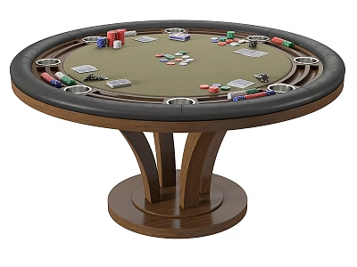 Round Wooden Base Poker Table Sports Equipment with Black Rim and Playing Cards Chips 3d model