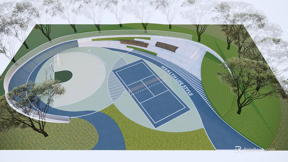 Outdoor Recreational Area Design Featuring Basketball Court Tennis Court Pathways Seating And Trees 3d model 