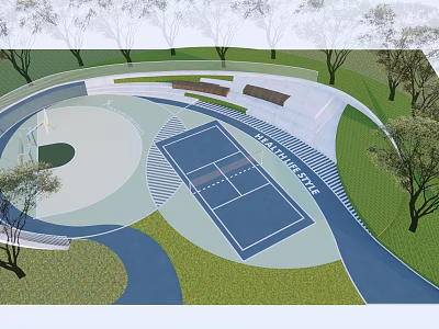 Outdoor Recreational Area Design Featuring Basketball Court Tennis Court Pathways Seating And Trees 3d model