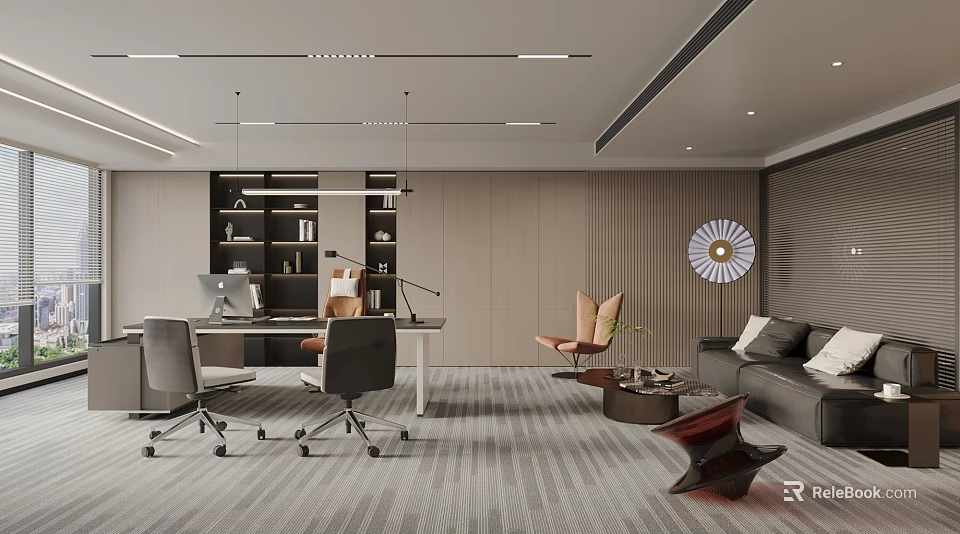 Modern Office Interior With Desk Ergonomic Chair Bookshelf Sofa Wall Clock And Carpet 3d model 