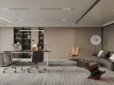 Modern Office Interior With Desk Ergonomic Chair Bookshelf Sofa Wall Clock And Carpet 3d model