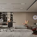 Modern Office Interior With Desk Ergonomic Chair Bookshelf Sofa Wall Clock And Carpet